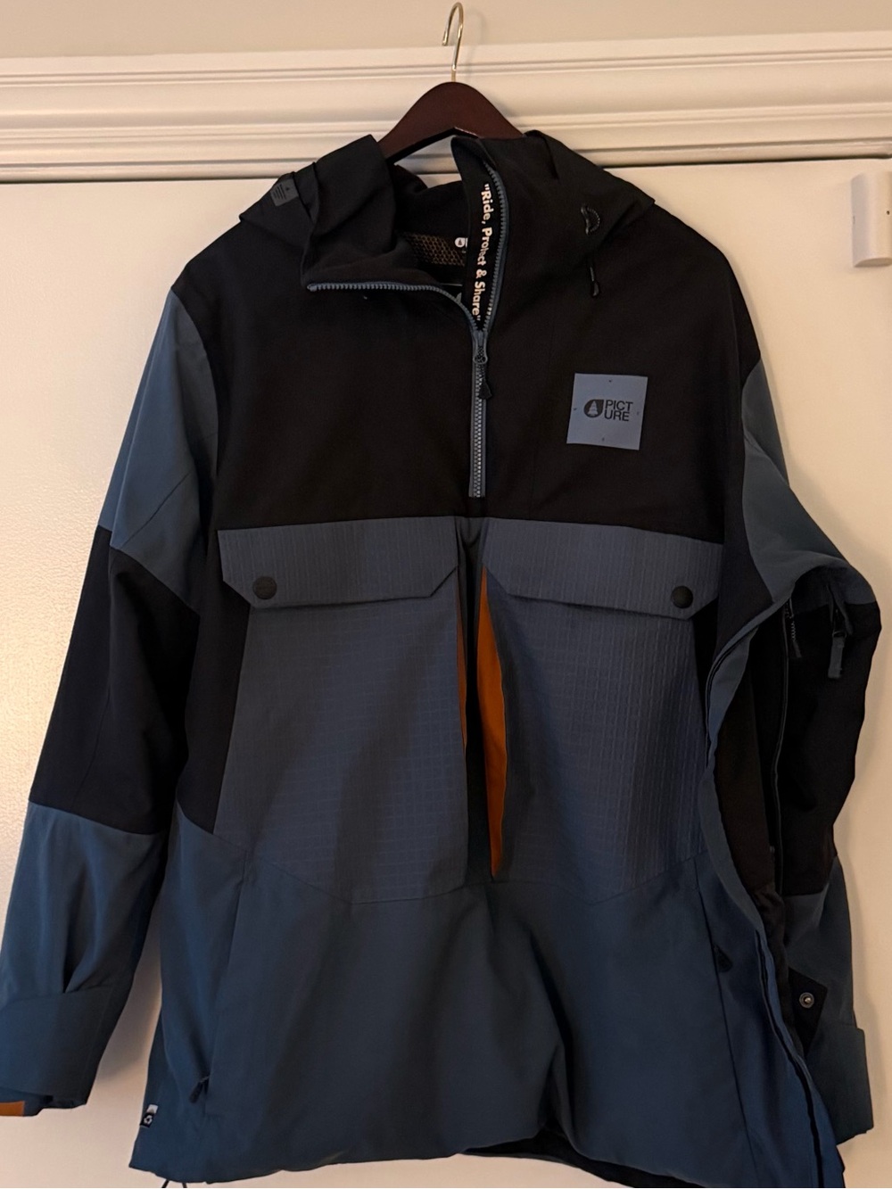 Men’s Blue and Black Hooded Ski Jacket with Orange Lining